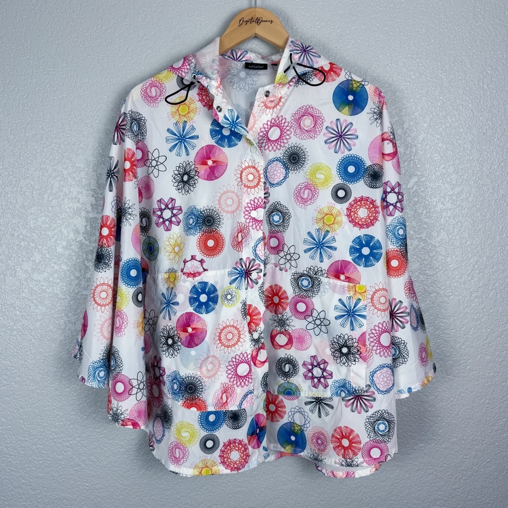 Kate Spade Saturday Hooded Geometric Rain Poncho Cape Colorful White Pink OS - Picture 4 of 14